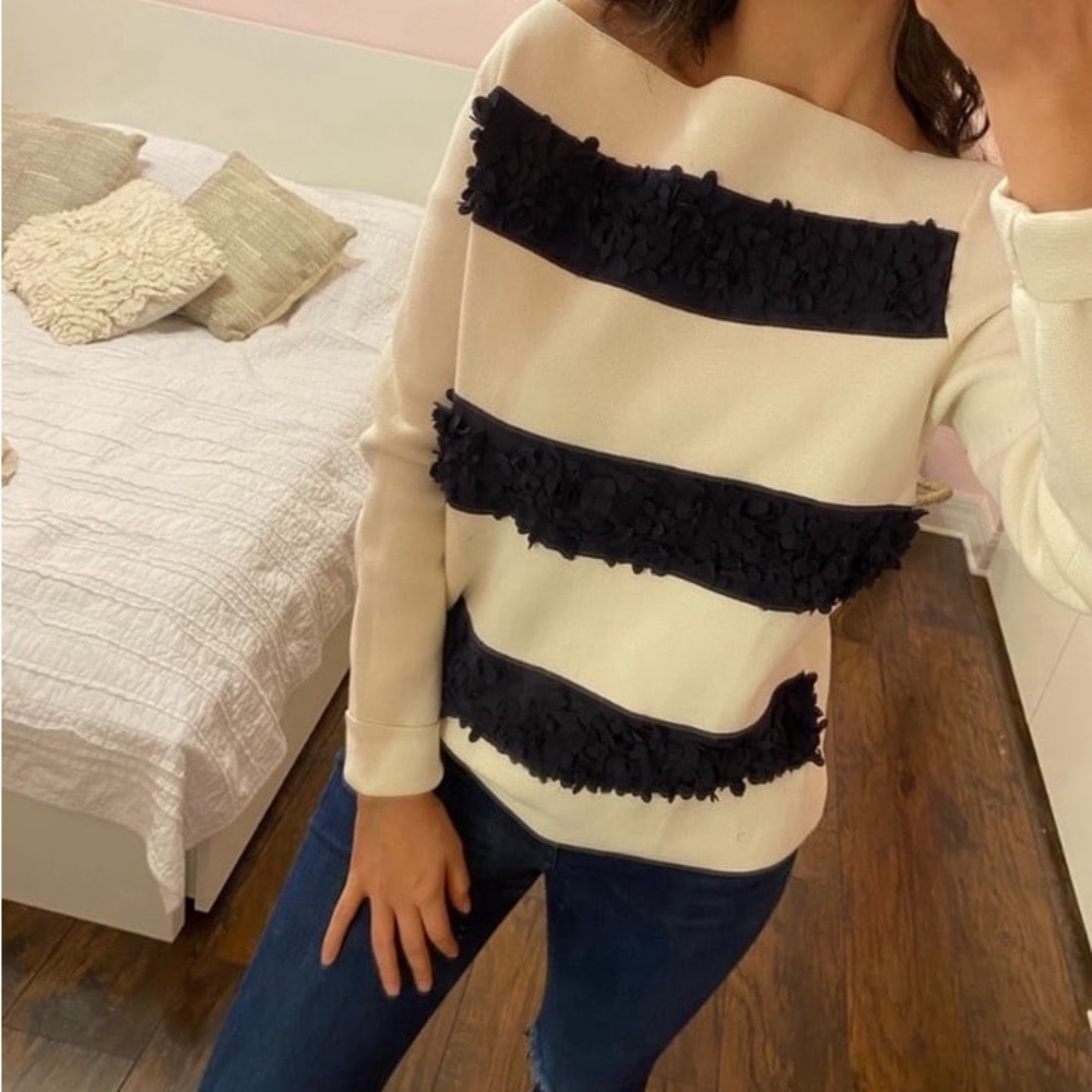 Tory Burch Ivory Boatneck Sweater Navy Silk Flower Stripes M